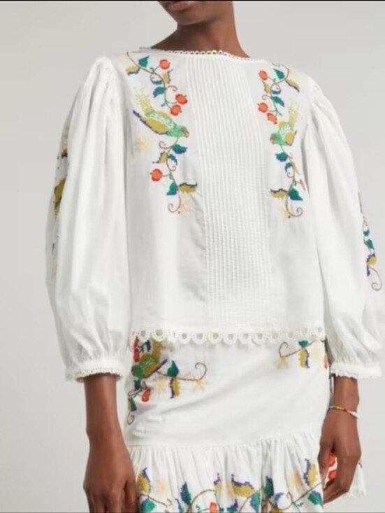 FARM Rio Tops - FARM Rio Pitanga Embroidered Blouse In White Multi Color Embroudery Size Large